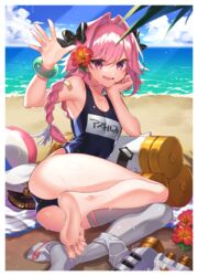 1boy 2020 absurd_res armpits ass astolfo_(fate) bandaid bangs bare_shoulders barefoot beach black_bow blue_swimsuit blush bow bracelet braid citron_82 collarbone crossdressing fangs fate/apocrypha fate_(series) feet femboy flower girly hair_flower hair_intakes hair_ornament highres jewelry legs long_braid long_hair looking_at_viewer male male_only multicolored_hair name_tag ocean one-piece_swimsuit open_mouth pink_hair purple_eyes single_braid single_thighhigh skin_fang smile soles solo streaked_hair swimsuit thick_thighs thighhighs thighs toes trap waving white_border white_hair white_legwear