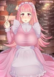 blush cryptid_crab duster feather_duster fire_emblem fire_emblem:_three_houses fully_clothed hilda_valentine_goneril huge_breasts large_breasts long_hair maid maid_headdress maid_outfit maid_uniform on_knees pink_eyes pink_hair ponytail