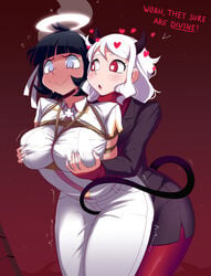 2d 2d_(artwork) 2girls 5_fingers angel arched_back arms arms_behind_back arms_tied arms_tied_behind_back arms_up aroused azazel_(helltaker) bagelbomb bangs bare_arms belt big_breasts big_eyes black_blazer black_eyebrows black_eyelashes black_hair black_horns black_pencil_skirt black_skirt black_tail blazer blue_eyes blush blush_lines blushing blushing_profusely bob_cut bondage bottomwear bound breast_grab breast_hold breast_squish breasts chest clothed clothed_female clothed_masturbation clothed_sex clothes clothing collared_shirt color colored demon demon_girl demon_horns demon_tail detailed digital_drawing_(artwork) digital_media_(artwork) dominant dominant_female drooling duo duo_focus ears english english_dialogue english_text eyebrows eyelashes eyes feet_out_of_frame female female/female female_focus female_masturbation female_only femdom femsub fingernails fingers forearms from_behind front_view full_face_blush fully_clothed groping groping_from_behind hair_ribbon hairband hands headband headwear heart-shaped_pupils hearts helltaker hi_res high_resolution highres hips horns horny horny_female hourglass_figure huge_breasts humanoid large_breasts leaning leaning_forward leggings legs legs_together legwear lesbian lezdom light-skinned light-skinned_female light_body light_skin long_eyelashes long_hair long_sleeves looking_down looking_pleasured masturbation modeus_(helltaker) motion_lines mouth mouth_open multiple_females multiple_girls nails neck no_visible_genitalia nose open_mouth pants pencil_skirt pixiv pleasure_face protected_link pupils pussy_rub red_background red_leggings red_sweater red_turtleneck red_turtleneck_sweater restrained rope rope_bondage rubbing_pussy saliva sex shaking shirt short_hair short_sleeves shoulders simple_background skirt slim slim_waist standing steam steaming_body straight_hair submissive submissive_female sweat sweatdrop sweater sweaty_face tail tail_between_legs tail_masturbation tail_on_pussy talking talking_to_another talking_to_partner teasing thick_legs thick_thighs thighs topwear trembling turtleneck turtleneck_sweater uncensored video_games white_belt white_eyebrows white_hair white_pants white_ribbon white_shirt yuri