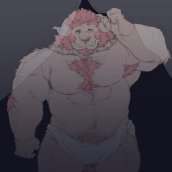 1:1 anthro armpit_hair balls barely_visible_balls barely_visible_genitalia belly blush body_hair chernobog chest_hair demon facial_hair fur genitals hi_res horn male male_only meimei_kia musclegut overweight overweight_male pink_body pink_fur pubes solo tokyo_afterschool_summoners towel tusks veil video_games