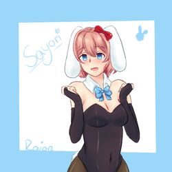 1girls arm_length_gloves artist_name bare_shoulders black_bunnysuit black_gloves black_leotard black_pantyhose blue_border blue_bow blue_bowtie blue_eyes blue_nail blush bow bowtie bunny_ears bunny_girl bunny_tail bunnysuit character_name cleavage collar collarbone covered_navel cowboy_shot detached_collar doki_doki_literature_club elbow_gloves empty_eyes fingerless_gloves gloves hair_between_eyes hair_bow hair_ornament hair_ribbon hands_up heart heart_in_eye light-skinned_female light_skin lop_ears lop_rabbit_ears nail_polish open_mouth outside_border pantyhose partially_fingerless_gloves pink_hair raionart red_ribbon sayori_(doki_doki_literature_club) short_hair simple_background smile smiling smiling_at_viewer sole_female solo solo_female solo_focus tareme toned toned_body underline white_collar