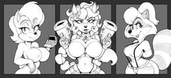 3girls anthro big_breasts breasts carmelita_fox chipmunk clothing daxzor female female_only fox fur furry greyscale ground_squirrel hips lisa_raccoon looking_at_viewer mole mole_under_eye monochrome raccoon sally_acorn sega sly_cooper_(series) smooth_fur sonic_(series) sony_corporation sony_interactive_entertainment sucker_punch_productions the_raccoons wide_hips