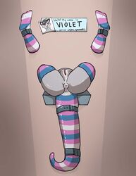 anthro anus ass clothing didelphid female footwear footwear_only genitals hi_res hybrid kabeshiri mammal marsupial mostly_nude pride_colors public_use pussy raised_tail reptile scalie snake socks socks_only solo striped_legwear through_wall unknown_artist violet_(redrose357)