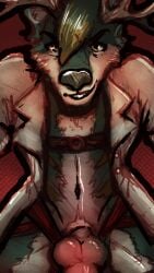 animal_genitalia anthro anxiouslynx cade cervid clothed clothing first_person_view genitals harness hi_res imminent_sex jockstrap knot male male_only mammal navel open_clothing open_shirt open_topwear sheath shirt solo topwear underwear