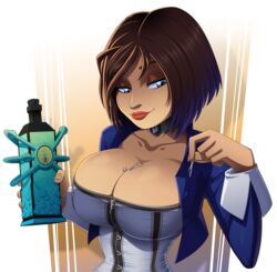 big_breasts bioshock bioshock_infinite black_hair blue_eyes brooch choker cleavage cloud_chamber_studios corset elizabeth_comstock ghost_story_games giantess holding_person ravenravenraven short_black_hair short_hair vigor_(bioshock)