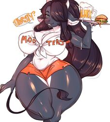 anthro anthro_only beer black_fur black_hair bovine breasts burger cow_ears cow_horns cow_tail furry green_eyes hooters inkbuns large_breasts lips simple_background smile tagme teeth text thick_thighs thighs white_background white_fur