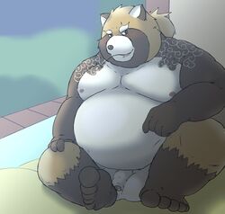 2020 anthro balls belly blush brown_body brown_fur canid canine fur genitals gyobu hi_res humanoid_genitalia humanoid_hands humanoid_penis kemono magatsuhinokami male male_only mammal moobs nipples overweight overweight_male penis raccoon_dog scar sitting solo tanuki tattoo tokyo_afterschool_summoners video_games