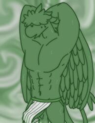 abs anthro balls biceps bulge clothed clothing digital_media_(artwork) erection feathered_wings feathers front_view genitals green_body hair haul_(trigger_lex) hi_res humanoid_genitalia humanoid_penis jockstrap male male_only muscular muscular_arms muscular_male neo_demonthing_(trigger_lex) pecs penis pinup portrait pose solo standing three-quarter_portrait trigger_lex underwear underwear_only wings