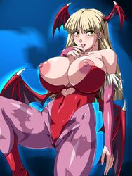 animal_print bare_shoulders bat_print bat_wings blonde_hair blush breasts bridal_gauntlets clothing darkstalkers demon_girl elbow_gloves female gloves head_wings highres huge_breasts large_breasts leotard long_hair morrigan_aensland nipples pantyhose print_legwear smile solo succubus water_beryl wings yellow_eyes