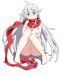 kyo9999 langrisser medium_breasts mostly_nude pointy_ears pussy red_eyes scarf tagme uncensored white_hair