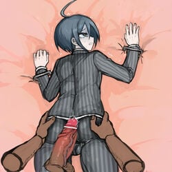 ahoge bed bed_sheet bedroom bondage bound boy_rape buttjob cameltoe censored clothed_sex danganronpa danganronpa_(series) danganronpa_v3 disembodied_hand disembodied_hands disembodied_penis fear femboy fully_clothed gay grabbing_from_behind imminent_rape laying_on_bed laying_on_stomach penis puru rape saihara_shuuichi shuichi_saihara staples straight_hair strapped_down testicles thick_ass trembling yaoi