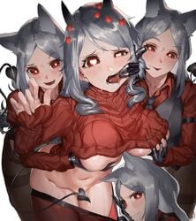 aochoku assisted_exposure cerberus_(helltaker) dog_ears drool fingers_in_mouth gloves grabbing_from_behind heart heart-shaped_pupils helltaker holding_breast horn horns looking_at_viewer modeus_(helltaker) multiple_girls navel red_eyes straight_hair suit sweater symbol-shaped_pupils tail underboob undressing white_hair