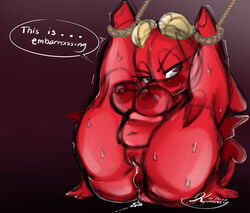 angelface anus bound breasts demon dialogue english_text female flexible genitals hi_res legs_behind_head legs_up pussy red_body red_skin solo text thick_thighs yagi_(angelface)