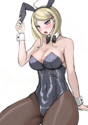 akamatsu_kaede big_breasts blonde_hair bowtie breasts bunny_ears bunnysuit danganronpa danganronpa_v3 embarrassed female female_only fishnets official_style puru skinny solo straight_hair sweatdrop thick_thighs