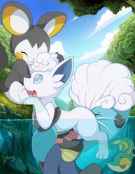 3boys alolan_form alolan_vulpix analingus animal_genitalia ass_licking black_fur blowjob blue_eyes blue_fur closed_mouth dewott emolga gay handjob male male_only nintendo open_mouth penis pokemon pokemon_(species) rimming snivy tricksta vulpix water white_fur