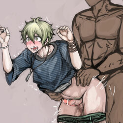 2boys anal ass balls blush censored crying crying_with_eyes_open cum danganronpa danganronpa_(series) danganronpa_v3 dark-skinned_male dirty_blonde_hair dog_tags domination gay gay_domination green_eyes muscular muscular_male necklace pants_down penis puru rantaro_amami ring shirt smooth_skin thumb_ring underwear yaoi