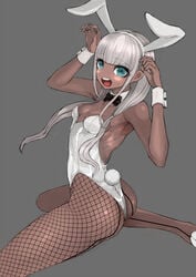 armpits arms_up ass blush bowtie bunny_ears bunny_tail bunnysuit cat_pose cute danganronpa danganronpa_(series) danganronpa_v3 dark-skinned_female dark_skin fishnet fishnet_legwear fishnet_stockings fishnets no_nose open_mouth puru small_breasts straight_hair yonaga_angie