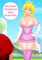 1boy 1girls 2020 azienda background big_breasts blonde_hair blue_panties choker clothing cowboy_shot crown dialogue dress earrings english_text female gloves hair_ornament jewelry long_hair mario mario_(series) nintendo princess_peach speech_bubble stockings super_mario_bros.