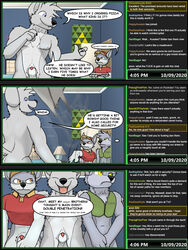 3:4 angry animal_genitalia annoyed bed bedroom brother brothers brown_eyes canid canine canis chat chat_box clock clothing comic darth_vader_sanchez_(housepets!) date delivery_(commerce) dialogue door english_text food_delivery frown furniture furry furry_only gay genitals hat headgear headwear hi_res housepets! incest lamp male male/male male_only mammal north_star_(housepets!) pizza_box pizza_delivery poster profanity purple_eyes rockstar_hawk_(housepets!) security sheath shirt sibling smile text threatening throwing time tongue topwear trashbadger vest webcomic wolf yaoi yellow_eyes