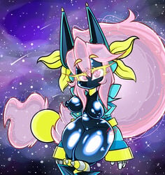 android angelface anthro big_breasts black_body black_skin blush breasts female genitals glistening glistening_body glistening_skin hair hi_res long_hair looking_at_viewer machine merci mouthless nipples noseless nude pink_eyes pink_hair pussy robot rubber solo space star thick_thighs wide_hips