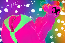 1boy arched_back ass_up ass_visible_through_thighs bent_over big_ass big_penis bulge femboy freckles gay glossy green_underwear kojoarts male_only naughtypaw_(artist) nose_ring piercing pink_skin rainbow_background rainbow_hair shiny sparkle stripper tattoo thong trap ttherandom tthrandom tthrandom_rp twink