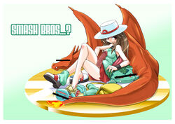 ambiguous_gender backpack blush bracelet brown_hair censored censored_eyes charizard drool english_text erect_penis feet futanari grin hat human ivysaur kobayashi_tetsuya leaf_(pokemon) long_hair mosaic_censoring nintendo no_panties pokémon_(species) pokemon pokemon_(species) pokemon_frlg red_eyes socks squirtle super_smash_bros.