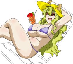 alcohol belly bikini blush breasts brown-tinted_eyewear curvy dragon_girl dragon_horns female green_hair huge_breasts large_breasts long_hair lpogo lpogo_(artist) miss_kobayashi's_dragon_maid multicolored_hair open_mouth quetzalcoatl_(dragon_maid) smile solo stomach sun_hat sunglasses thighs tinted_eyewear underboob white_background