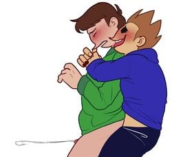 2boys anal anal_sex artist_request ass blushing bulge_through_clothing cumming_from_anal_sex cumshot edd_(eddsworld) eddsworld gay gay_anal hoodie hugging_from_behind male male_only moaning_in_pleasure open_mouth overwhelming_pleasure penis pleasured_face simple_background tagme tom_(eddsworld) tongue_out white_background yaoi