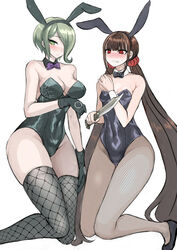 2girls big_breasts blush bowtie bunny_ears bunnysuit danganronpa danganronpa_v3 female_only fishnets gloves harukawa_maki knife long_hair long_twintails puru short_hair silver_hair small_breasts straight_hair thick_thighs toujou_kirumi