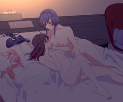 2girls ahoge asakura_mihono bangs bed blue_eyes blue_hair blush bra bra_removed braid breast_feeding breast_grab breast_sucking breasts casual chair closed_mouth collarbone eyebrows_visible_through_hair fingering fingering_partner fingering_while_nursing grabbing hair_between_eyes hair_ornament hairclip hand_on_another's_head highres hotel_room imotaberu indoors large_breasts looking_at_another love_hotel lying multiple_girls navel nipples nude nursing on_back panties panties_removed pillow purple_eyes purple_hair pushbutton pussy setouchie_chie small_breasts smile tissue_box toes toji_no_miko touching trash_can two_side_up underwear underwear_aside wholesome