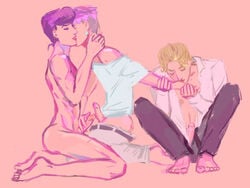 2013 3boys 4:3 ass barefoot black_hair blonde_hair closed_eyes clothed_male_nude_male clothing diamond_is_unbreakable earrings erection feet hair_ornament hand_on_neck holding_hand holding_wrist jojo's_bizarre_adventure josuke_higashikata lips male male_only multiple_boys nude open_clothes open_mouth open_pants open_shirt pants penis penis_out pink_background pompadour rohan_kishibe sangeun shirt short_hair side_view simple_background soles thighs threesome toes yaoi yoshikage_kira