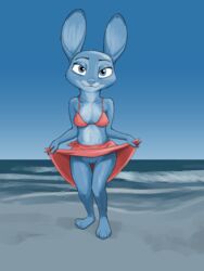 2020 3:4 anthro beach bra breasts clothed clothing clothing_lift disney female flashing fur genitals judy_hopps lagomorph leporid looking_at_viewer mammal no_panties outside pussy rabbit sand sea seaside skirt sky small_breasts smile solo standing tggeko water zootopia