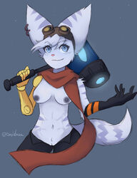 2020 absurd_res anthro blue_eyes breasts clothing ear_piercing earrings female genitals glove gloves goggles goggles_on_head half-dressed half_naked hi_res lombax looking_at_viewer mammal nipples piercing prosthetic prosthetic_arm prosthetic_limb pussy ratchet_and_clank rift_apart_lombax rivet_(ratchet_and_clank) skyversa solo video_games