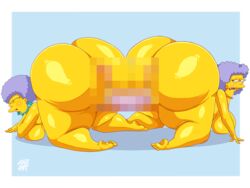 2girls adultart_(artist) bent_over big_breasts censored dat_ass double_sided_dildo earrings female female_only huge_ass human incest jewelry necklace patty_bouvier selma_bouvier sex_toy sisters the_simpsons voluptuous yellow_skin yuri