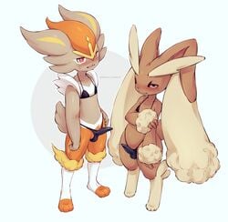 2boys anthro bikini black_bikini blush bodily_fluids bubonikku bulge cinderace clothed clothing duo erection erection_under_clothing fur genital_outline girly hi_res lagomorph lopunny male male_cinderace male_lopunny male_only male_pokemon mammal multicolored_body multicolored_fur nintendo open_mouth orange_body penis_outline pokémon_(species) pokemon pokemon_(species) pokemon_ss shiny_pokemon standing sweat swimwear tongue video_games white_body