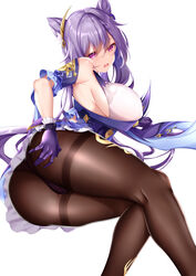 1girls 2020 absurdres armpits ass big_ass black_legwear breasts dress feet_out_of_frame female female_focus female_only frilled_dress frills from_behind genshin_impact gloves hair_cones hair_ornament highres keqing_(genshin_impact) large_breasts looking_at_viewer lying open_mouth panties panties_under_pantyhose pantyhose purple_eyes purple_gloves purple_hair sakuraoo sideboob simple_background solo solo_female solo_focus thighs underwear white_background