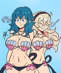 bikini blue_eyes byleth_(fire_emblem) byleth_(fire_emblem)_(female) corrin_(female)_(summer)_(fire_emblem) corrin_(fire_emblem) corrin_(fire_emblem)_(female) embarrassed female female_only fire_emblem fire_emblem:_three_houses fire_emblem_cipher fire_emblem_fates grin large_breasts manakete multiple_girls pointy_ears raydango seashell_bra shell shell_bikini smile sothis_(fire_emblem) teal_hair