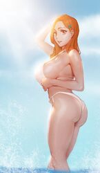 1girls ass bikini bleach blue_sky breasts day female hand_up high_resolution inoue_orihime large_breasts long_hair one_arm_up orange_hair sideboob sky solo sunlight swimsuit water yatisi