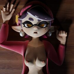 3d agent_1_(splatoon) beanie black_hair breasts callie_(casual) callie_(splatoon) earrings exhausted humanoid jacket lying_down nintendo nipples open_mouth pointy_ears pov shadow shiny_hair splatoon splatoon_2:_octo_canyon star_shaped_pupils uncensored verysleepykat wooden_floor yellow_eyes