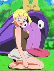 aged_up arekusanderu artist_name artist_signature barefoot blonde_hair blue_eyes blush bonnie_(pokemon) clothing eureka_(pokemon) feet game_freak happy looking_back_at_viewer medium_breasts nintendo outdoors panties pokemon pokemon_(anime) pokemon_xy short_blonde_hair short_hair side_ponytail sideboob skirt