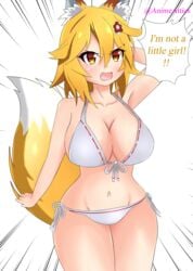 accessory angry animal_ears animal_tail artist_name big_breasts bikini bikini_bottom bikini_top blonde_hair blonde_tail blush breasts cleavage english_text female flower_on_head fluffy_tail fox_ears fox_girl fox_tail grown_up inner_ear_fluff kemonomimi kitsune kitsunemimi large_breasts open_mouth senko_(sewayaki_kitsune_no_senko-san) sewayaki_kitsune_no_senko-san simple_background solo swimwear text white_background yellow_eyes yellow_hair