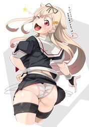 ass back_view big_ass blonde_hair female female_only fingerless_gloves fully_clothed gloves hair_flaps hair_ribbon hairbow hairclip hand_on_hip kantai_collection long_hair looking_at_viewer looking_back miniskirt naval_uniform open_mouth panties pleated_skirt red_eyes ryuun_(stiil) sailor_collar sharp_teeth short_sleeves smile thick_thighs thigh_strap two_tone_hair uniform upskirt white_panties wink yuudachi_(kantai_collection)