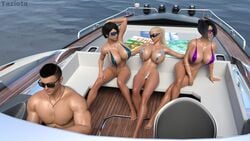 3d 3girls armondo bimbo black_hair blonde_hair boat breasts huge_breasts kenzie male mona muscular_male navel ponytail shiny_skin sling_bikini string_bikini sunglasses taziota