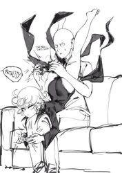 1boy 1girls black_and_white blad clothed clothing controller dress flying medium_breasts monochrome one-punch_man playing playing_videogame saitama sketch sofa sweat tatsumaki text thegoldensmurf thick_thighs thighs tight_clothing