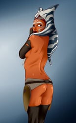 1girls ahsoka_tano ass blue_eyes female female_focus female_only highres jedi jedi_knight looking_at_viewer looking_back nude orange_skin showing_off sideboob simple_background smile solo star_wars star_wars_rebels togruta woorkvaza