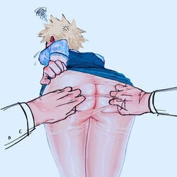 2boys angry ass bent_over big_ass blonde_hair clothed clothing gay izuku_midoriya katsuki_bakugou male male/male male_focus male_only my_hero_academia ripped_clothing scar scars short_hair thighs wengwengchim yaoi