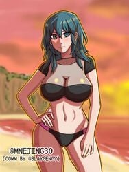 1girls alternate_breast_size big_breasts bikini blue_eyes breasts byleth_(fire_emblem) byleth_(fire_emblem)_(female) female female_only fire_emblem fire_emblem:_three_houses large_breasts mnejing nintendo swimsuit teal_hair