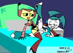 2girls animated dlt female gynoid high_heels jenny_wakeman multiple_girls my_life_as_a_teenage_robot smooth_skin tribadism vega_(mlaatr) xj-9 yuri