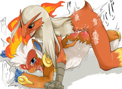 1boy agemono ambiguous_gender anal anal_penetration anthro_on_anthro ass_blush avian blaziken blue_eyes brown_fur fire furry infernape long_hair male/ambiguous male_blaziken maledom nintendo onomatopoeia open_mouth pokemon pokemon_(species) primate red_feathers speed_lines two_tone_feathers video_games white_fur wiggle_lines yellow_feathers