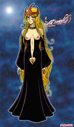 1girls 2006 alien black_dress blonde_hair blondie blush breastless_clothes breasts crotchless_clothes crown female large_breasts leijiverse light-skinned_female light_skin long_hair madoc necklace nipples pubic_hair pussy queen queen_millennia robe space spaceship very_long_hair yayoi_yukino